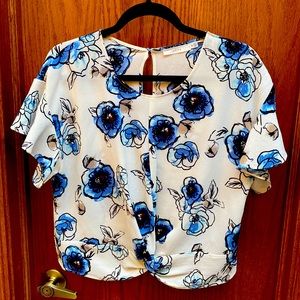 White and Blue Floral Ruffle Sleeve Blouse